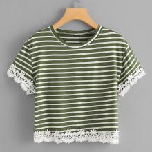 Shein Contrast Floral Lace Trim Striped T-shirt