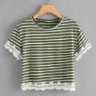 Shein Contrast Floral Lace Trim Striped T-shirt