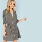 Shein Calico Print Button Up Plunging Neck Dress
