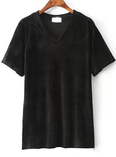 Shein Black V Neck Short Sleeve Slim T-shirt