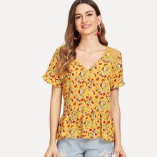 Shein V Neck Ruffle Trim Floral Top