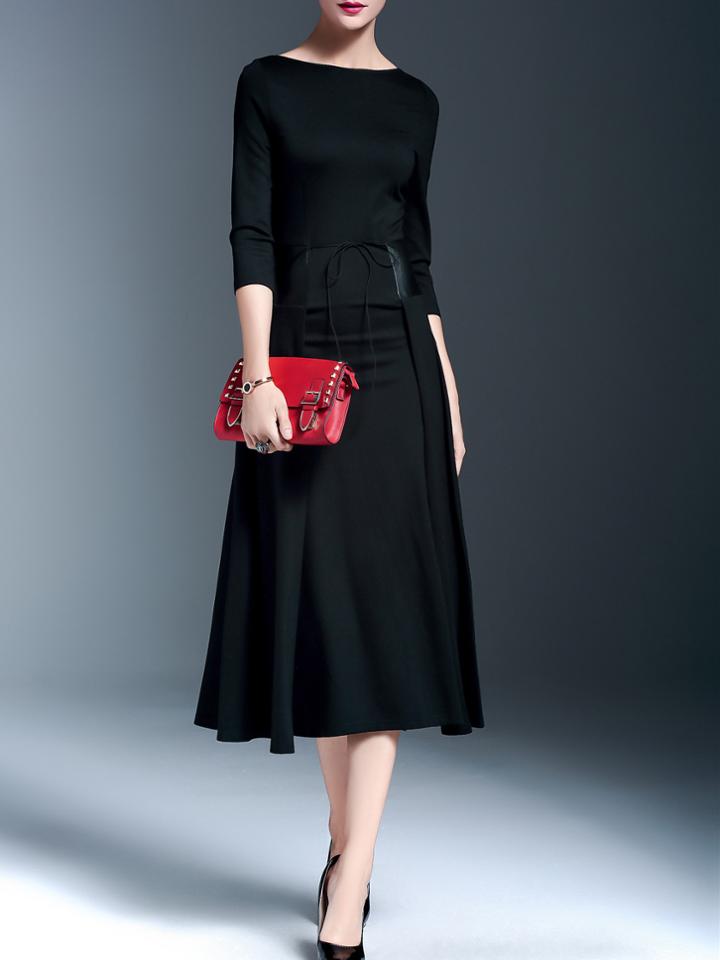 Shein Black Tie-waist Contrast Pu A-line Dress