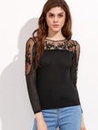 Shein Black Contrast Flower Embroidered Mesh T-shirt