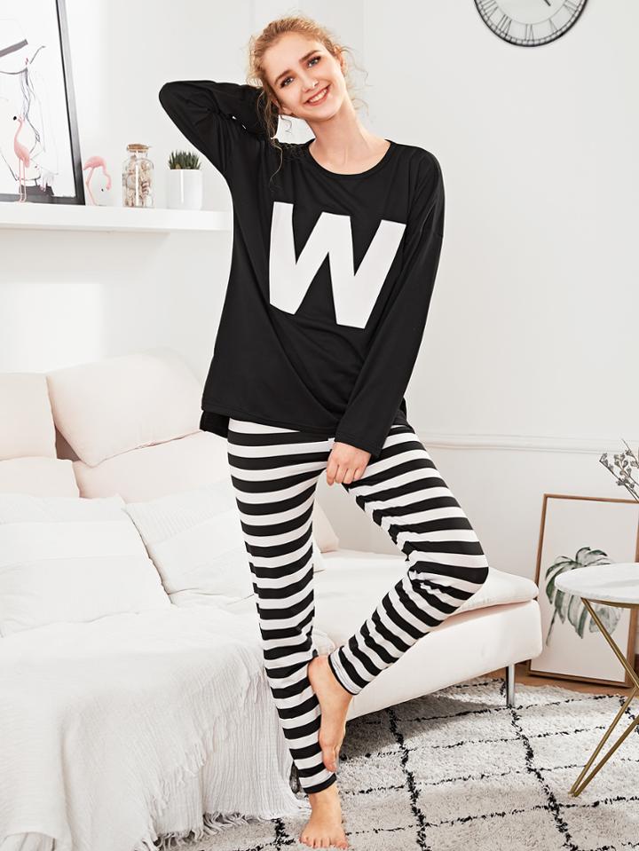 Shein Letter Print Tee & Striped Pants Pj Set