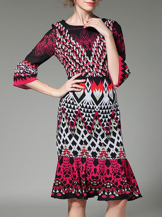 Shein Bell Sleeve Print Frill Dress