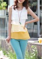 Rosewe Ruffle Decorated White And Yellow Tank Top