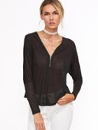 Shein Black Zip Neckline Sheer Dolman Sleeve T-shirt