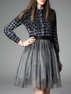 Shein Grey Lapel Plaid Contrast Gauze Tie-waist Dress