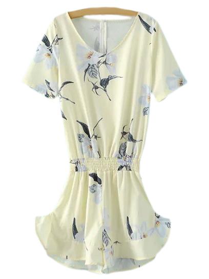 Shein Beige Elastic Waist Floral Print Romper