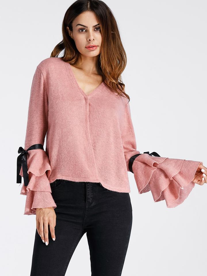 Shein Tiered Ruffle Sleeve Tie Sweater