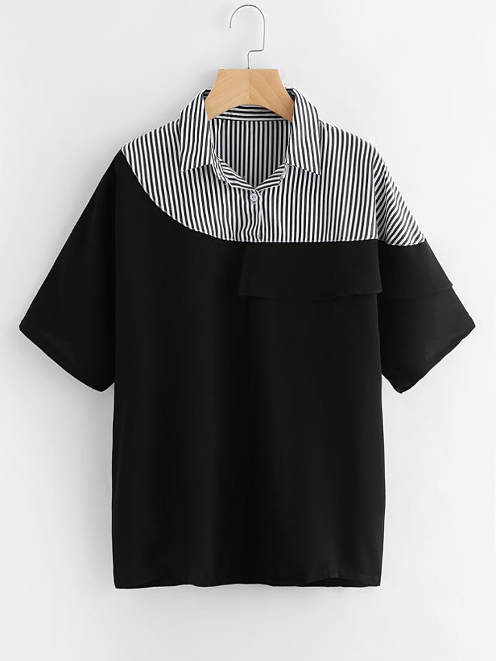 Shein Contrast Striped Panel Frill Layered Blouse