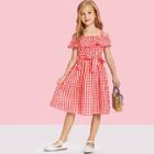 Shein Girls Flounce Cold Shoulder Gingham Dress With Belt