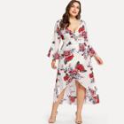 Shein Plus Bell Sleeve High Low Floral Wrap Dress