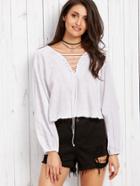 Shein White V Neck Lace Up Crop T-shirt