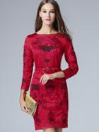 Shein Wine Red Round Neck Length Sleeve Embroidered Hollow Dress