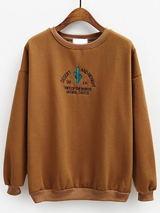 Shein Khaki Round Neck Cactus Letters Embroidered Sweatshirt