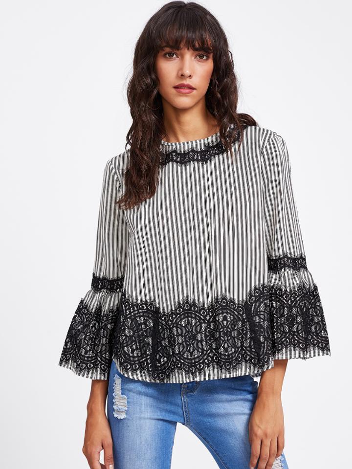 Shein Lace Contrast Cut Out Self Tie Back Blouse
