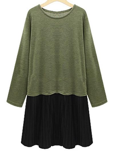 Shein Green Black Round Neck Pleated Plus Dress