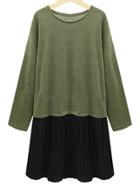 Shein Green Black Round Neck Pleated Plus Dress