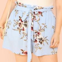 Shein Plus Belted Frilled Waist Flower Print Shorts