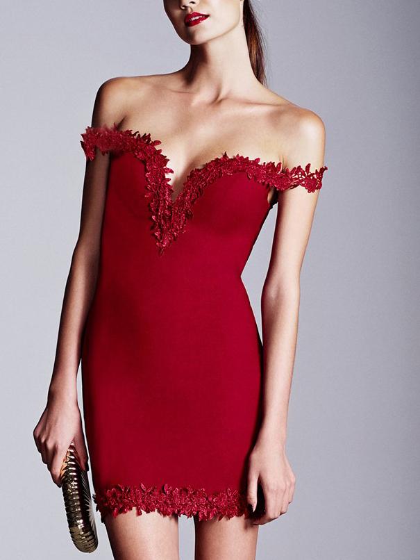 Shein Red Sweetheart Neck Lace Slim Bodycon Dress