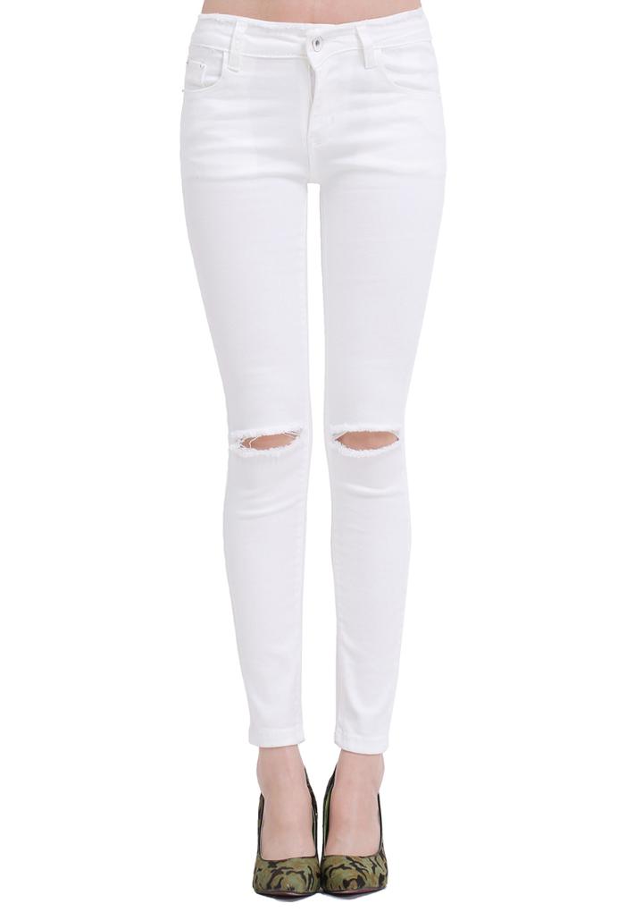 Shein White Slim Ripped Denim Pant