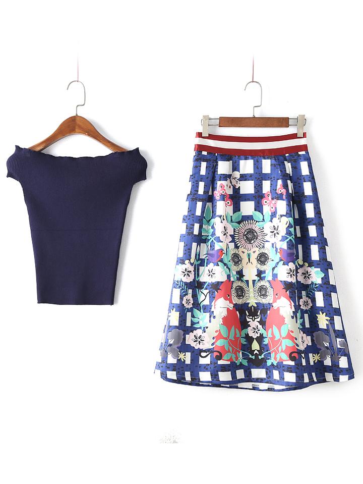 Shein Navy Off The Shoulder Shirt With Floral Plaid Skirt