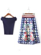 Shein Navy Off The Shoulder Shirt With Floral Plaid Skirt