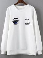 Shein White Crew Neck Sequined Eye Embroidered Sweatshirt