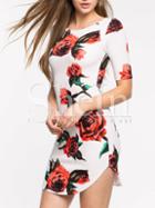 Shein White Dolphin Hem Floral Print Sheath Dress