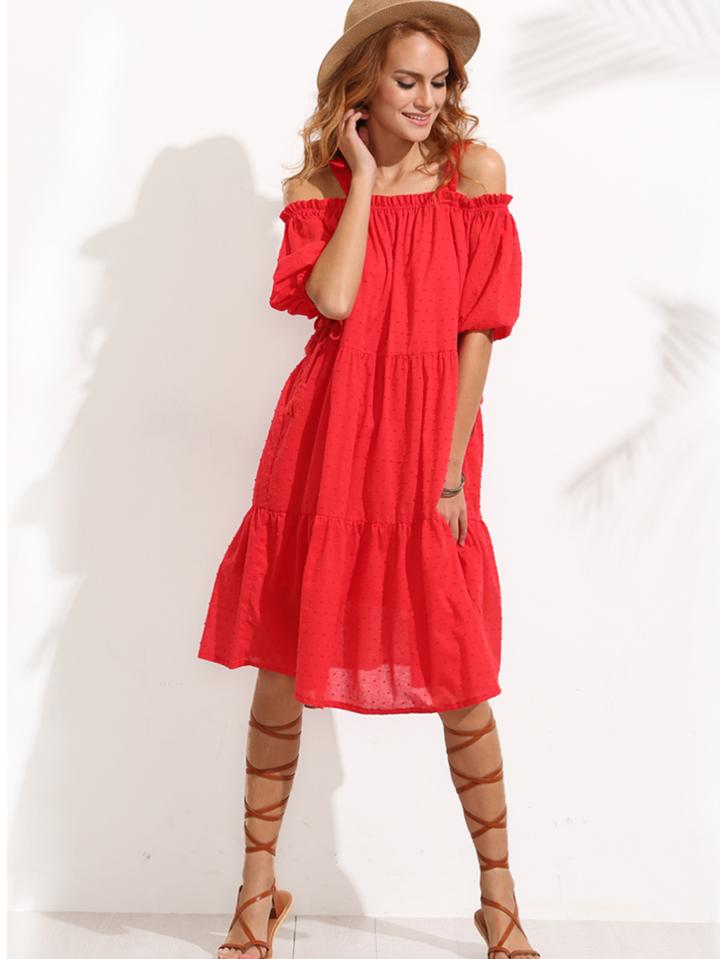 Shein Red Tassel Tie Cuff Cold Shoulder Dress