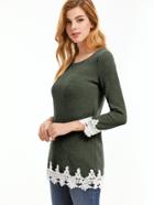 Shein Army Green Contrast Crochet Ribbed T-shirt