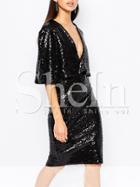 Shein Black Deep V Neck Sequined Split Sheath Dress