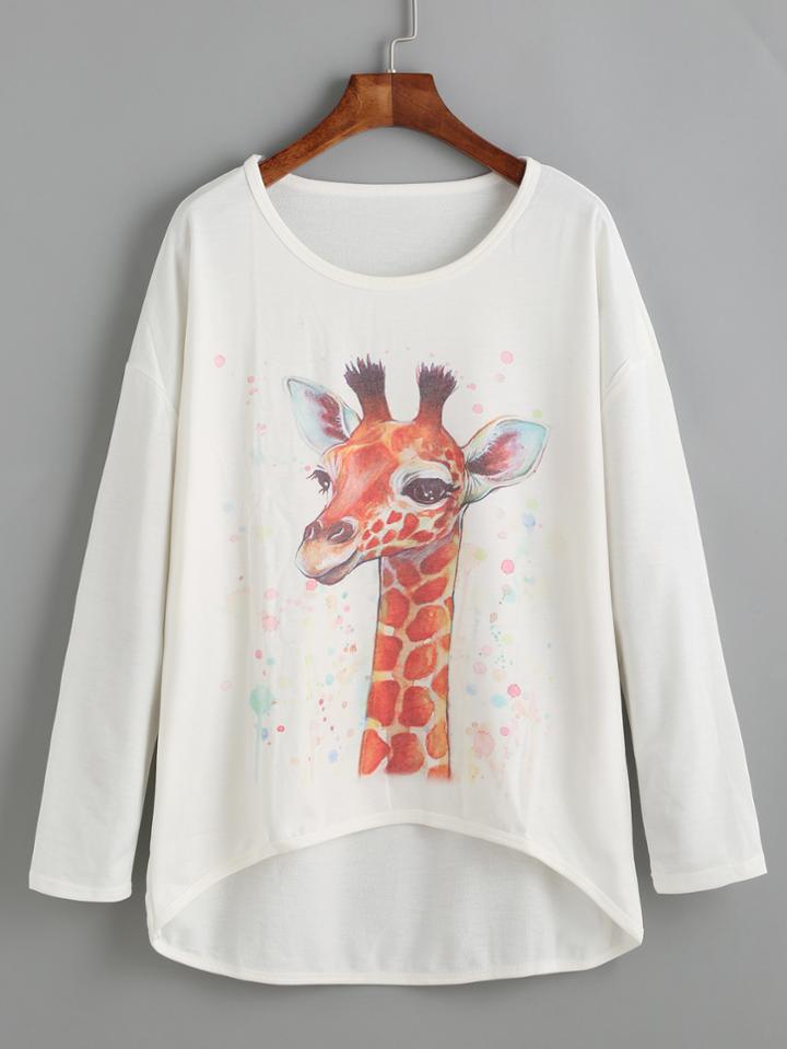 Shein White Giraffe Print High Low T-shirt