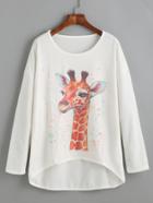 Shein White Giraffe Print High Low T-shirt