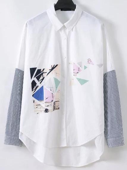 Shein White Contrast Striped Sleeve High Low Blouse