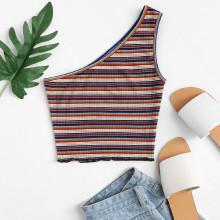 Shein One-shoulder Ribbed Stripe Crop Top