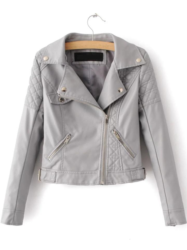 Shein Grey Textured Detail Pu Jacket With Zipper