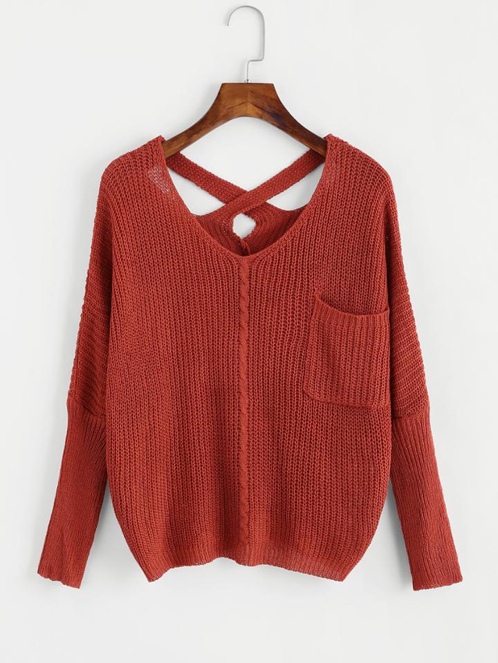 Shein Cross Back Chunky Sweater With Chest Pocket