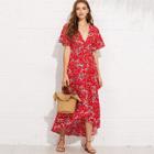 Shein Deep V-neck Asymmetric Floral Wrap Dress