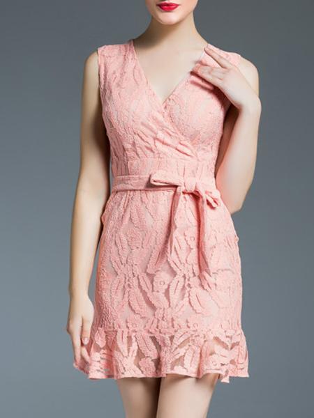 Shein Pink V Neck Tie-waist Lace Shift Dress