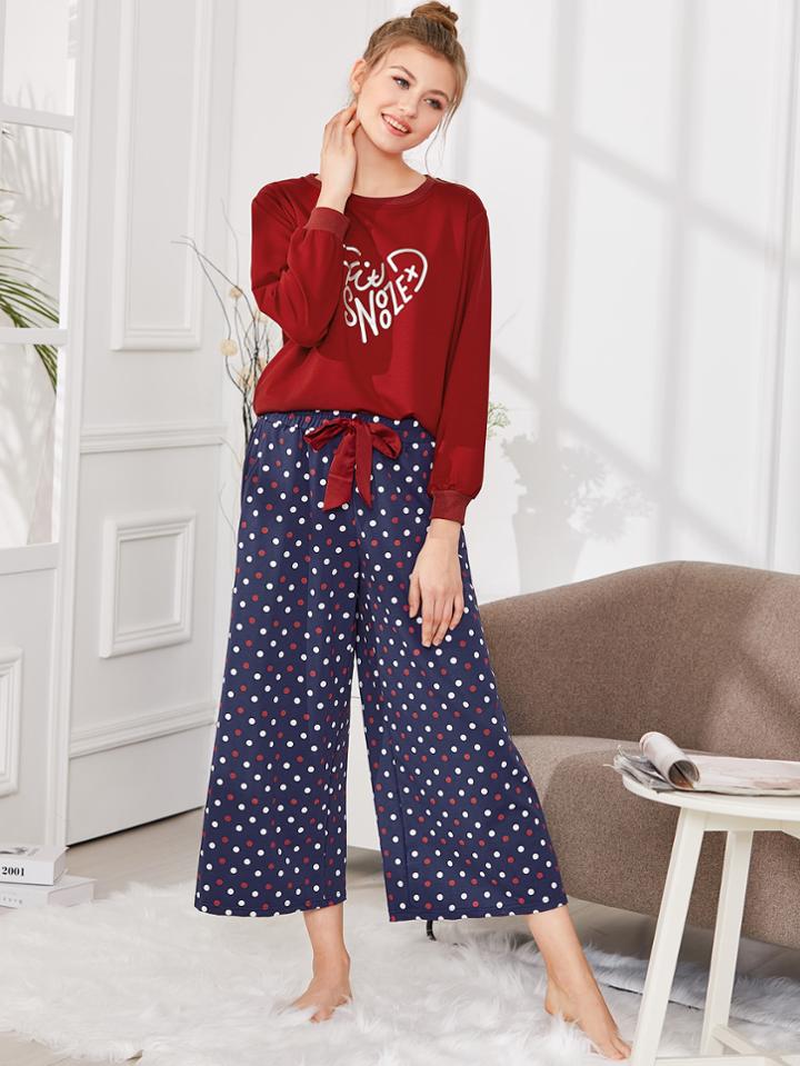 Shein Letter Print Pullover & Dot Print Pants Pj Set