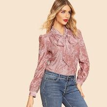 Shein Tie Neck Lantern Sleeve Flocked Blouse