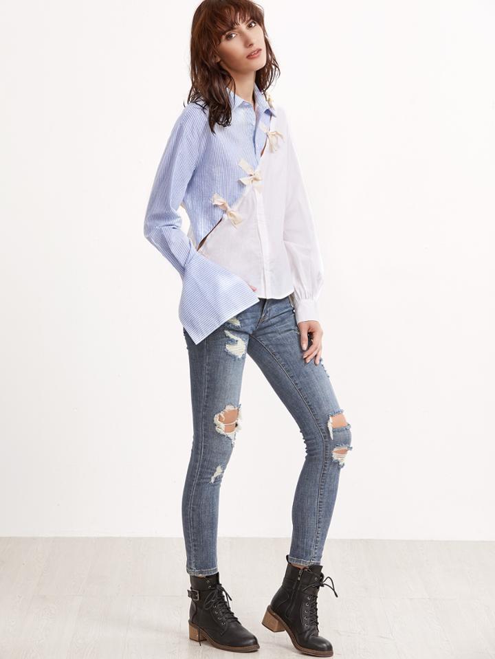 Shein Contrast Bow Detail Split Blouse