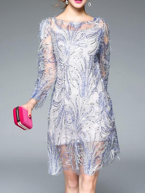 Shein Blue Sheer Fringe Sequined Two-pieces Shift Dress