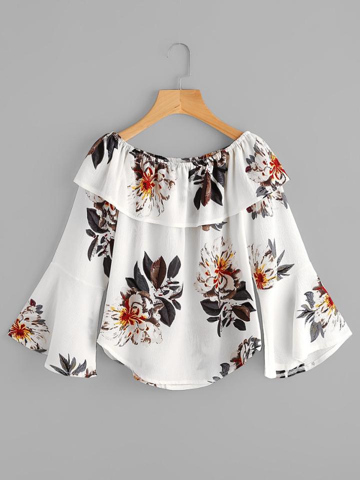 Shein Flounce Layered Neckline Fluted Sleeve Florals Top