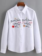 Shein White Long Sleeve Letters Embroidered Blouse