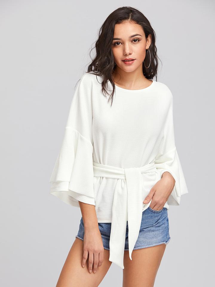 Shein Tie Front Layered Trumpet Sleeve Textured Top