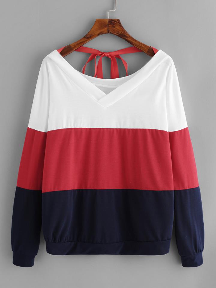 Shein Cut & Sew Panel Ribbon Tie Pullover