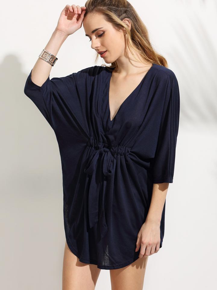 Shein Navy V Neck Tie Waist Batwing Beach Dress